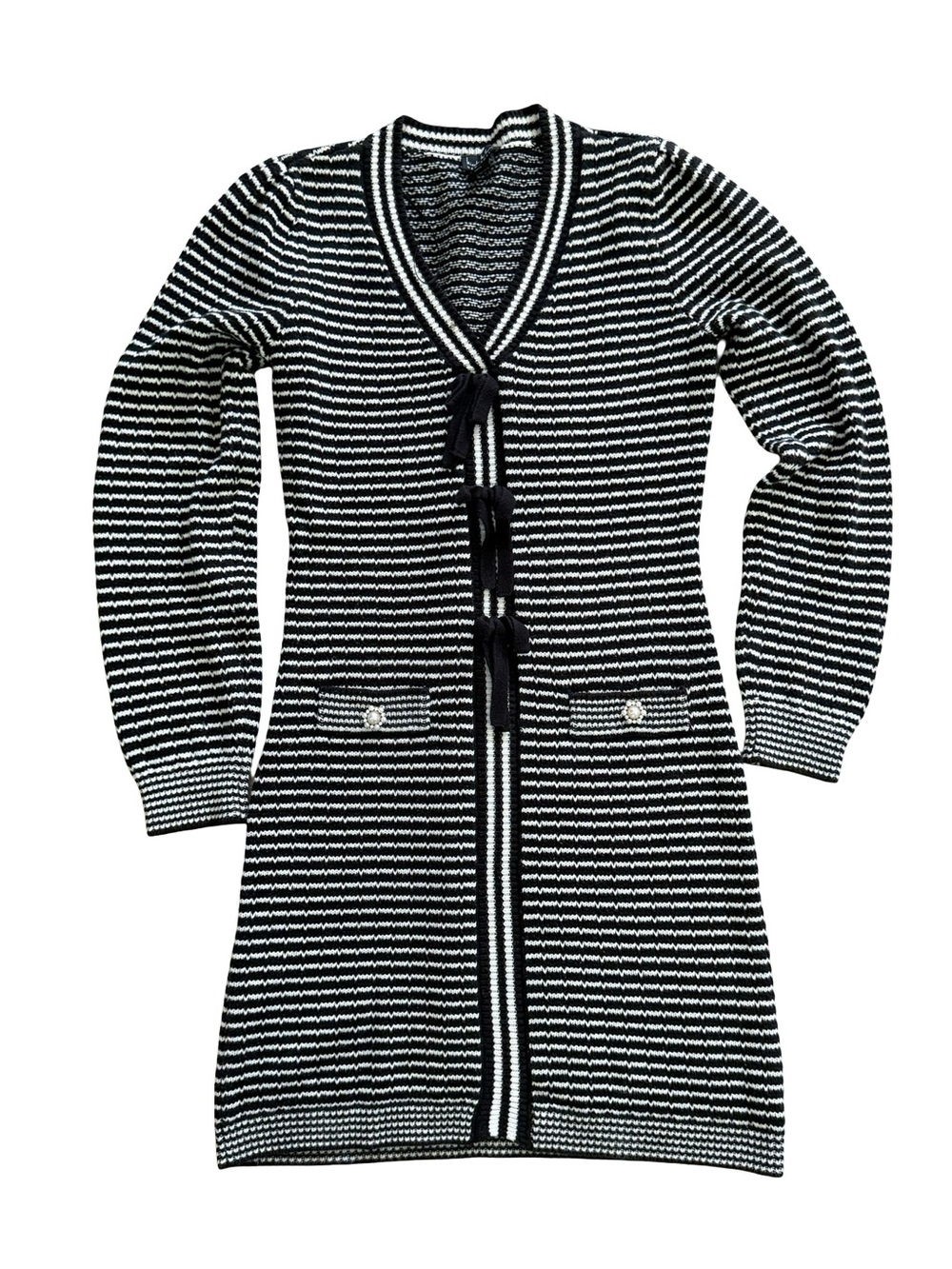 Nicole Miller Black White Striped Knit Sweater Dress Bow Detail S Monochromatic